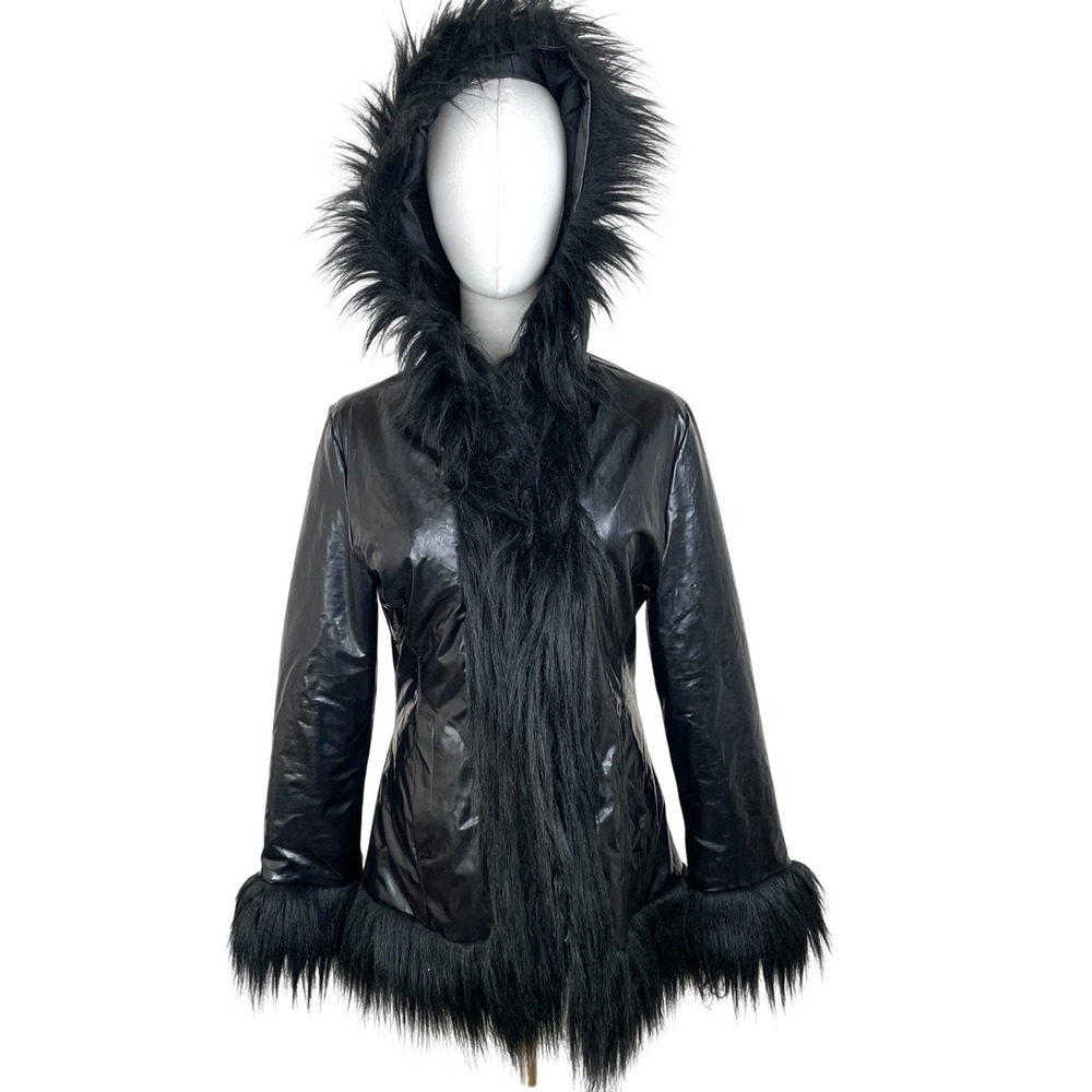 Vintage Y2K 90s Penny Lane Coat Sz S Hooded Faux Fur Trin Afghan Whimsigoth Boho